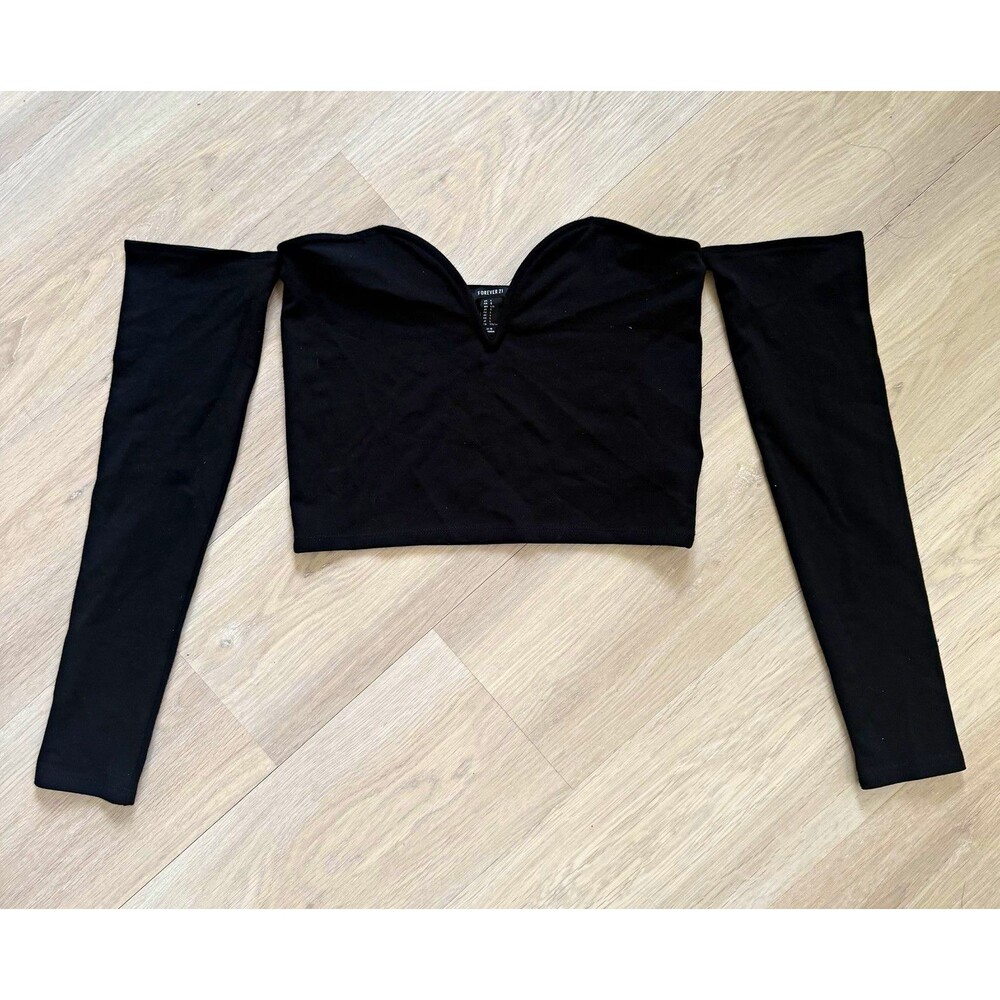 Forever 21 Women Black Off-Shoulder Sweetheart Cut-Out Knit Crop Top L